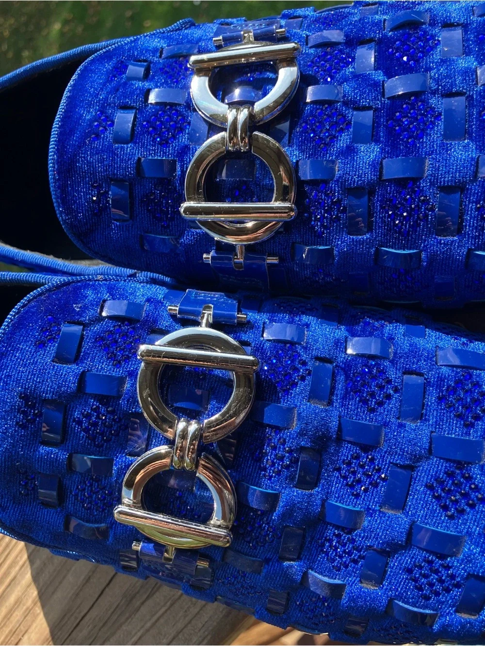 Enzo Romeo Men's Electric Blue Velvet Loafers with Silver Hardware